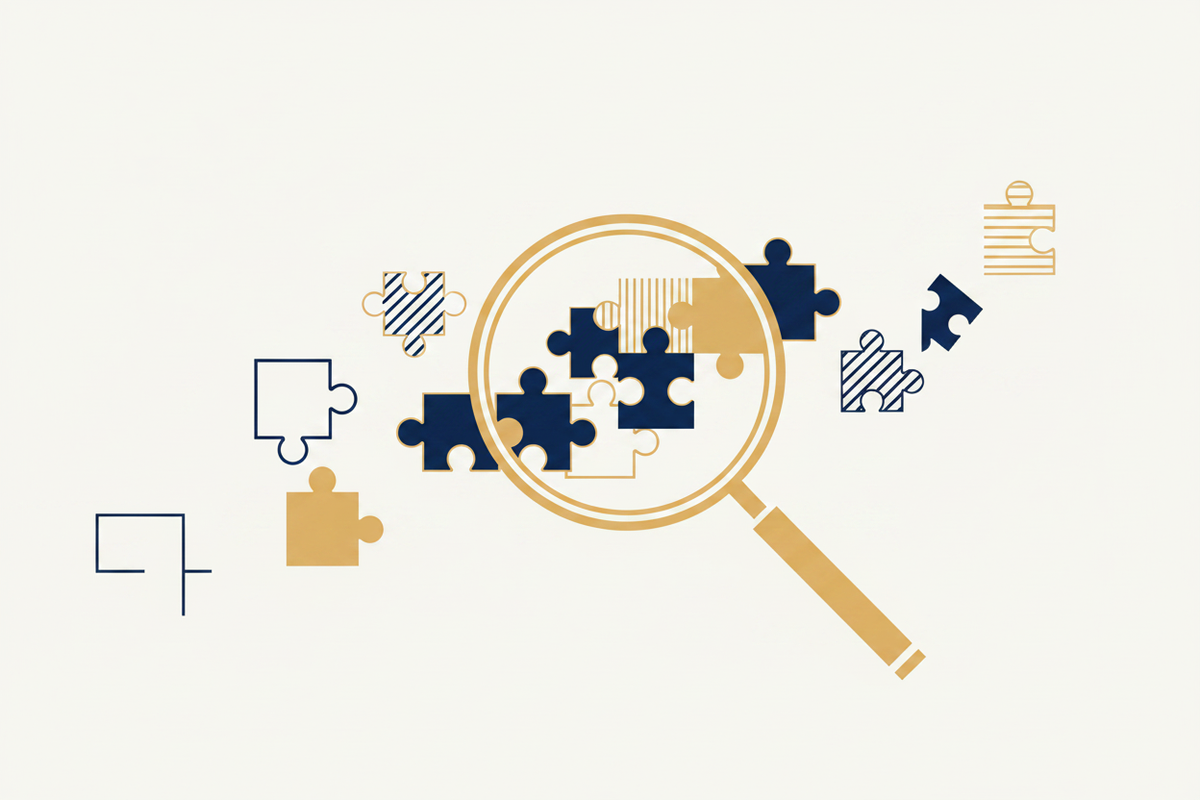 Hero abstrait — loupe et puzzle